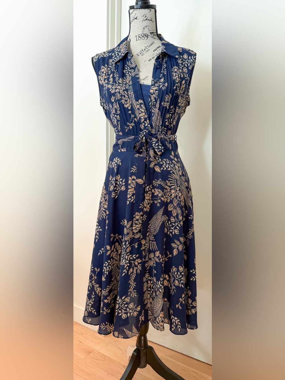 Navy blue floral button down shirt dress